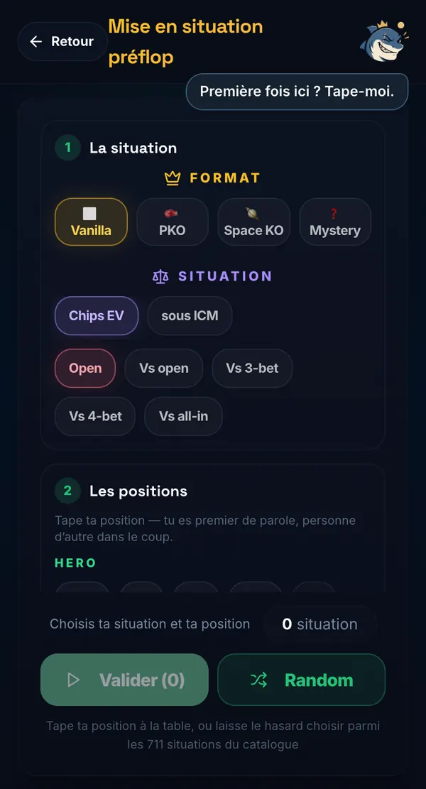 Parcours Poker — la configuration d'une mise en situation préflop : le format (Vanilla, PKO, Space KO, Mystery), la situation et la position