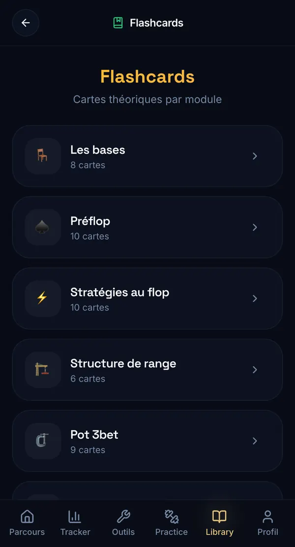 Parcours Poker — les flashcards de la Library, chapitre par chapitre
