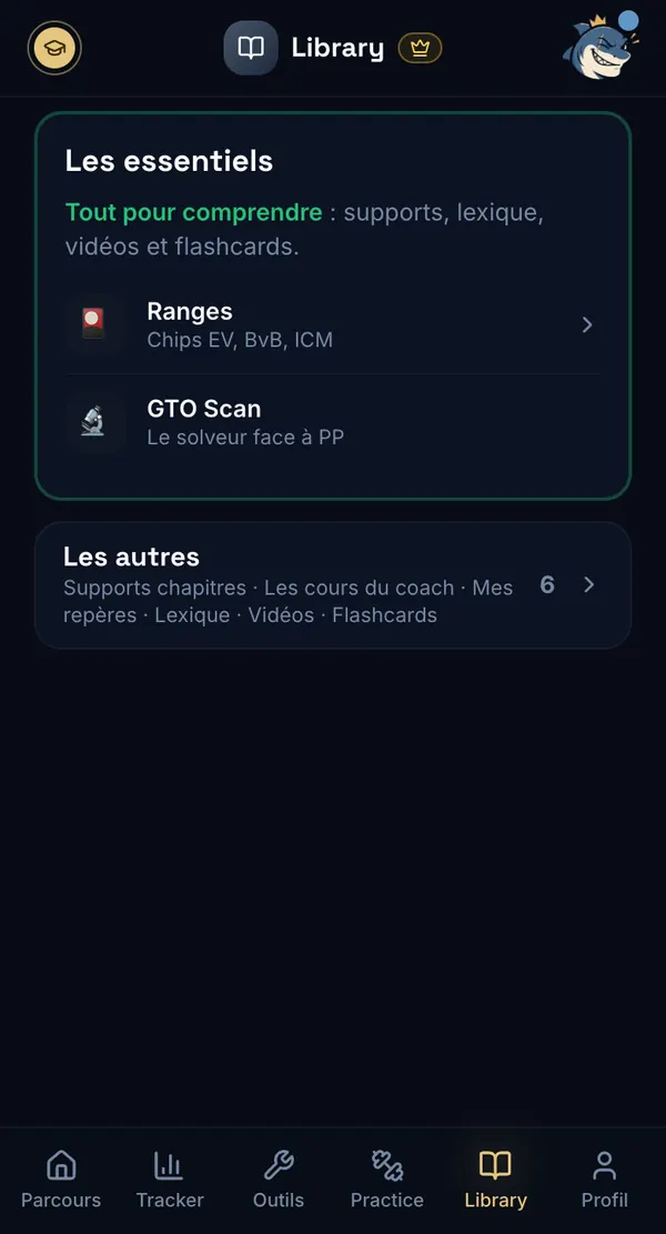 Parcours Poker — la Library : ranges, GTO Scan, supports de chapitre, lexique, vidéos et flashcards